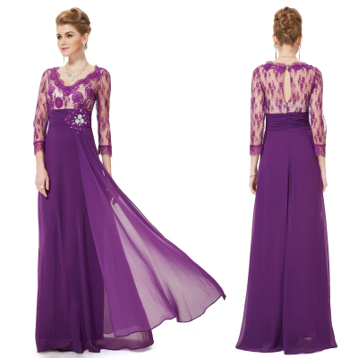 Ever Pretty Dlouhé fialové večerní šaty s krajkovými rukávy