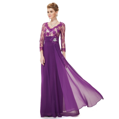 Ever Pretty Dlouhé fialové večerní šaty s krajkovými rukávy