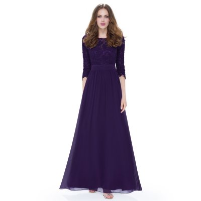 Ever Pretty Dlouhé fialové šaty s krajkovými rukávy